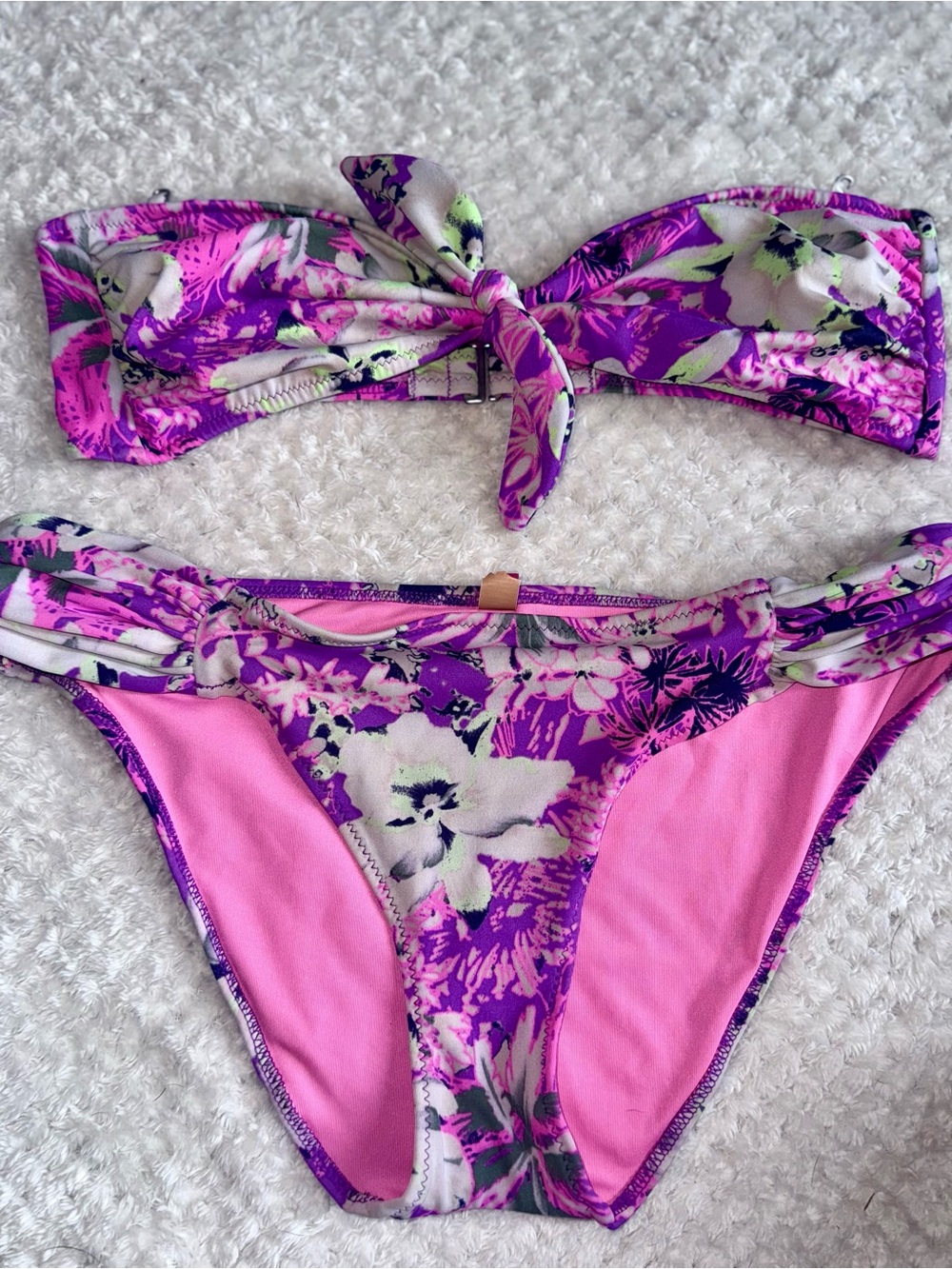 Victoria Secret Purple & Pink Floral Knotted Bandeau Bikini Set
